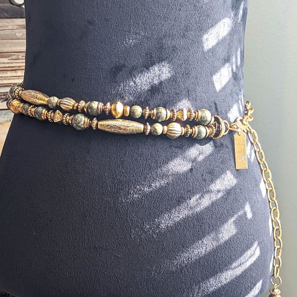 New York Studio Beaded Chain Belt Green Marbled Acrylic Gold Tone Vintage